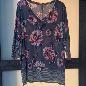 Honeyme Floral V-Neck Tunic with Striped Sleeves